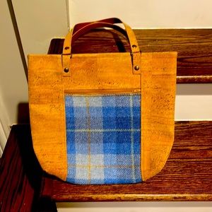 Harris tweed with blue/orange plaid tartan panel,Handmade Etsy, new never used!